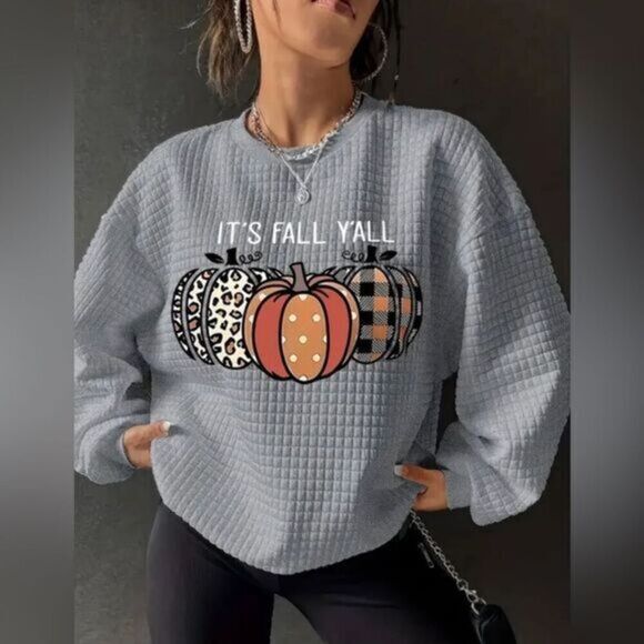 Tops - NWT Plus Size Gray Waffle Knit Long Sleeve Sweatshirt It’s Fall Y’all - Size 1XL